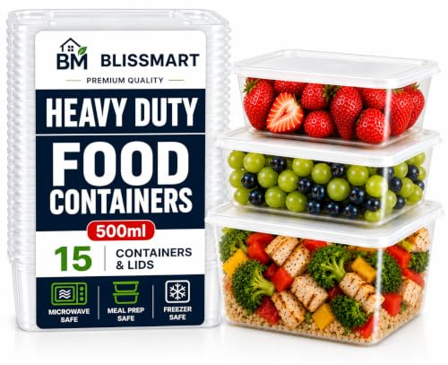 BLISSMART 500ml Plastic Food Containers with Lids 15pk Leakproof Snap Lids Meal Prep Lunch Box Takeaway Clear BPA Free Microwave Freezer Dishwasher Safe Stackable Containers (500cc)