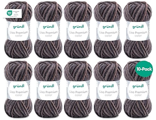 Gründl Lisa Premium color (stick- och virkgarn med ulliknande karaktär tillverkat av 100% polyakryl, 50 g/133 m, nåltjocklek: 3,5 – 4,5, 10 x 50 g), sand-antracitsten