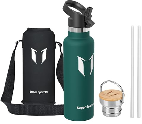 Super Sparrow Vattenflaska - 620ml - Rostfritt Stål Metallflaska - Termos Standard Mun - Giftfri BPA-Fri - Perfekt Som Sportflaska - 2 Lock