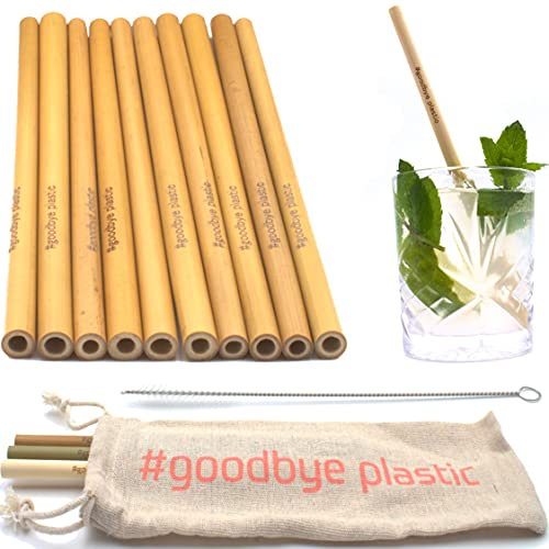 GERNEO® Cannuccia riutilizzabile in bambù marrone – Set da 10 + spazzola per la pulizia + borsa Togo – Direttiva di restituzione, adatta ai bambini, ecologica e senza plastica