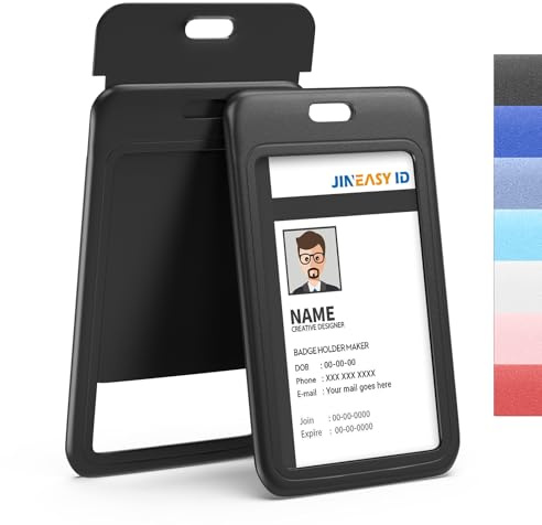 JINEASY ID 2 Pack Hard Plastic ID Badge Holder Vertical Card Holder for Work Key Cards, Heavy Duty, Black