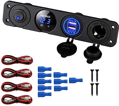 Thlevel Auto Ladegerät Schalttafel 12V USB Ladebuchse Zigarettenanzünder | Blaue LED Voltmeter Schalter Toggle Panel Adapter für Camper Truck Trailer Marine Boat
