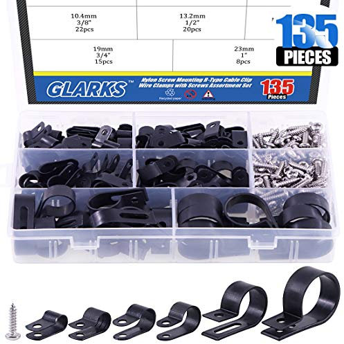 Glarks 135Pcs 6 Sizes 1/4''-1'' Black Nylon Screw Mounting R-Type Cable Clip Wire Clamp with 132Pcs Screws for Wire, Cable, Conduit and Cable Conduit Kit (Black)