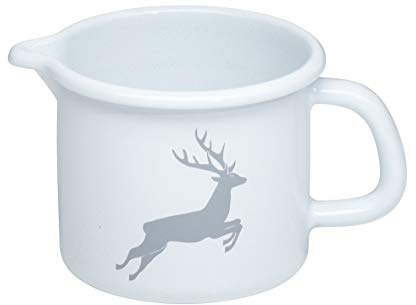 Riess, 0038-067, Schnabeltopf 9 0,5 L, COUNTRY - HIRSCH GRAU, Durchmessser 9 cm, Höhe 8,5 cm, Inhalt 0,5 Liter, Emaille, weiß mit grauem Hirsch, 0,25kg, 14,6 x 10,2 x 8,5cm, Induktion
