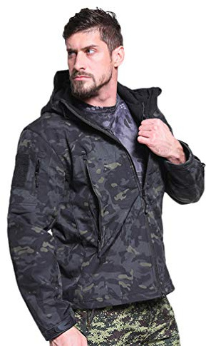 Ketamyy Mens Tactical Camo Jacket Waterproof Softshell Fleece Lining Autumn Winter Outdoor Trekking Hunting Mountaineering Rainproof Hooded Coats Black CP L