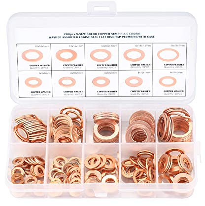 200 Pcs Copper Washers Assorted, Flat Washers Kit, 9 Sizes Sealing Ring Washer Assortment Set, Plain Washer with Storage Box(M5 M6 M8 M10 M12 M14)