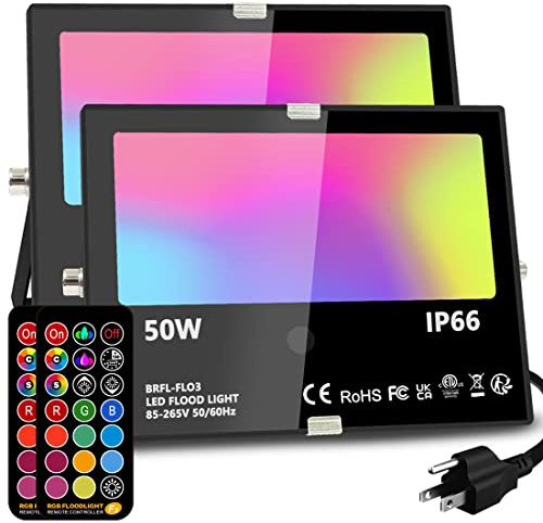 MELPO Led Flood Light Outdoor, 50W RGB Color Changing Landscape Lighting with Remote, Timing - 12 Colors - 4 Modes, IP66 Waterproof, US 3-Plug, (Pack of 2)