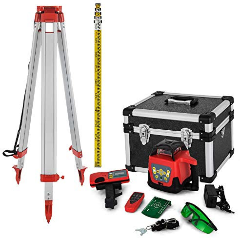 VEVOR Niveau Laser Rotatif avec Trépied et Mire Portée 500 m Vert Autonivelant 360° 1,65 m Télescopique 5 m Mire pour Construction Bâtiments Professionnels Maçonnerie Clôtures Entrepreneurs Fondations
