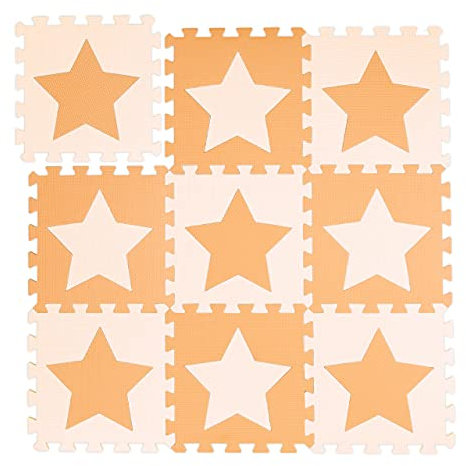 Relaxdays Puzzlematte Sterne, 9 Stück, 18 Teile, EVA Schaumstoff, schadstofffrei, Spielunterlage 91x91 cm, orange-beige