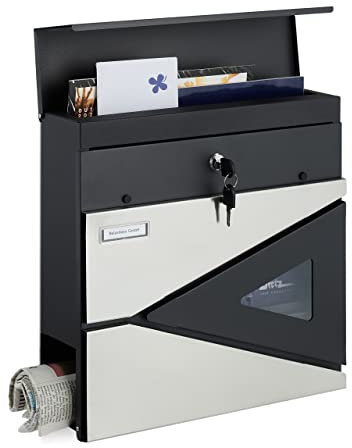 Relaxdays Cassetta della Posta con Scomparto Portagiornali, Porta Lettere Chiudibile, HxLxP: 37x37x11 cm, Nero Argentato