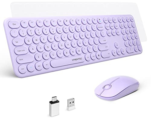XTREMTEC 2.4G Full Size Wireless Keyboard and Mouse Combo - Ultra Slim Silent Cute Keyboard with USB Receiver for Windows, OS, PC, Desktop, Mac, Tablet US Layout(Lavender Purple)