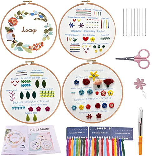 Kit di pratica per ricamo per principianti, 4 set da ricamo per imparare 30 diversi punti, per amanti del fai da te, punto a mano con tessuto da ricamo con tecniche di ricamo