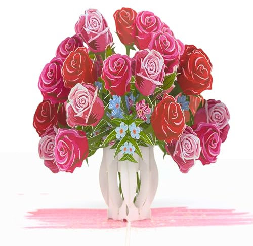 Magic Moments® Pop Up Karte Blumenstrauß mit roten Rosen – Handgemachte 3D Geburtstagskarte für Frau, Freundin, Mama – Hochzeitskarte, Jahrestagskarte, Muttertagskarte – Blumenkarte mit Umschlag