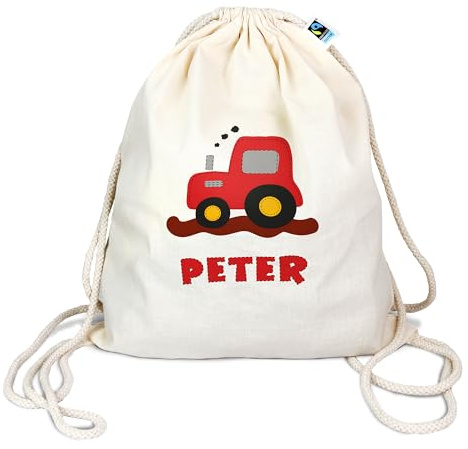 Manilu Bio Turnbeutel mit Namen personalisiert & Bedruckt | Motiv Traktor | Stoffbeutel Schuhbeutel Sportbeutel Wäschebeutel Rucksack für Kinder Jungen & Mädchen | inkl. NAMENSDRUCK