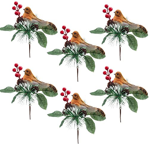KKSTY Pack of 6 Artificial Christmas Picks Sprays Red Berry Stems with Robin Bird Holly Leaves for Xmas Decoration Garland Wreath Making Supplies Holiday Festival Home Garden Décor