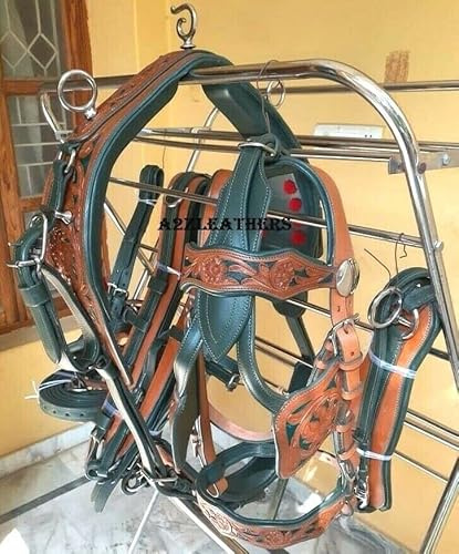 SHOWMEN CRAFT Designer Fahrgeschirr aus Leder, naturgrün, geschnitzt, für einzelne Pferdewagen in 4 Größen (Pony)