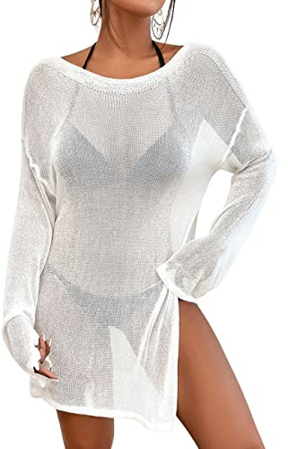 Bsubseach Tuta da Bagno da Donna coprirsi all'Uncinetto Top Costumi da Bagno Trasparenti Abiti da Spiaggia Bianco
