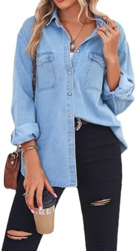 Chemisier Femme,Chemise en Jean Manches Longues pour Femmes Chemisier Délavé Chemises Hauts Décontractés Chemisiers Lâches (FR/ES, Alpha/Lettres, L, Taille Normale, Taille Normale