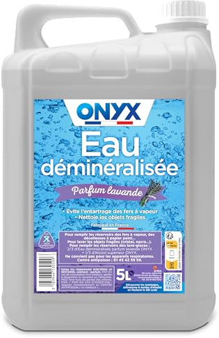 Onyx - Eau Déminéralisé - Parfum Lavande - Évite l'Entartrage - 5L | Fer à Repasser, Lisseur Vapeur, Décolleuse à Papier Peint, Auto - 100% d'Ingrédients d'Origine Naturelle - Fabriqué en France