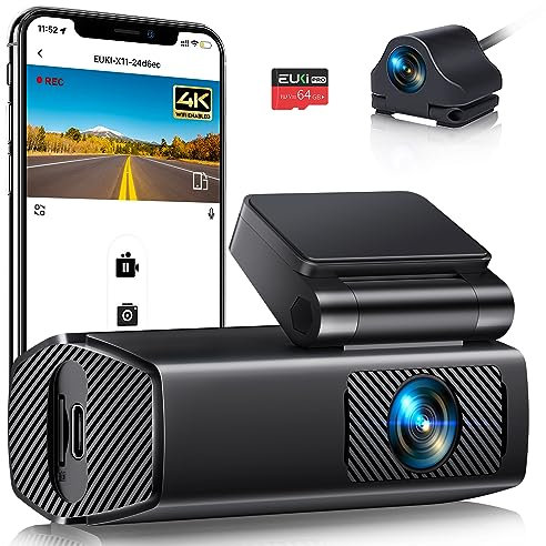 EUKI 4K Dash Cam Front and Rear with WiFi, Dual Dashcam, Car Camera with Parking Monitor, Night Vision, WDR, G-Sensor, Loop Recording, App Control,24 hour Parking Mode, 64GB SD Card Included