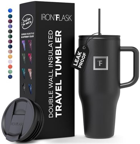 IRON °FLASK Mug Isotherme avec Paille et Poignée - 1.2L - Gobelet Isotherme en Inox À Double Paroi - Tasse Anti-fuite Sous Vide - 20h Froid, 5h Chaud - Gourde Sans BPA - Travel Mug Tumbler