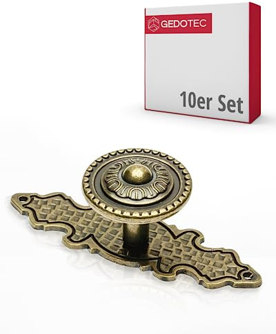 Gedotec Möbelknopf mit Platte | Metall L: 86 mm I 10 Stück | Türknopf für Schränke - Messing brüniert inkl. Befestigungsmaterial I MARIA I Knöpfe für Küchenschränke - vintage Stil I Schrankgriffe