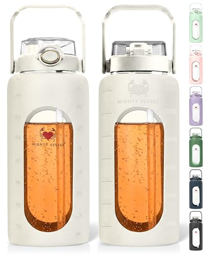 MIGHTY VESSEL 64 Oz Water Bottle with Time Marker & Straw - White Pregnancy 2 Liter Glass Water Bottles with Measurements - Daily intake bottle - Leakproof Borosilicate jug