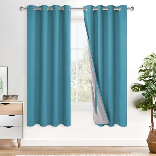 XWZO 100% Blickdicht Vorhänge, Doppellagige Dicker Verdunklungsvorhänge mit Ösen, Schallschutz Thermovorhänge 2er Set Schlafzimmer Gardinen, Blackout Curtain, 175x140 cm(HöhexBreite), Tealblau
