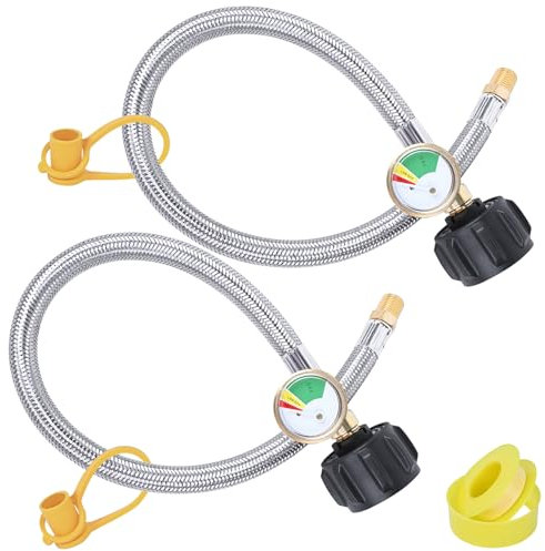 38,1 cm Wohnmobil-Propanschläuche mit Manometer, geflochtener Edelstahl-Tankschlauch, Propan-Pigtail-Schlauchleitung für Camper Standard zweistufiger Regler, 1/4-Zoll-Stecker, 18,1 kg, 250 PSI, NPT x