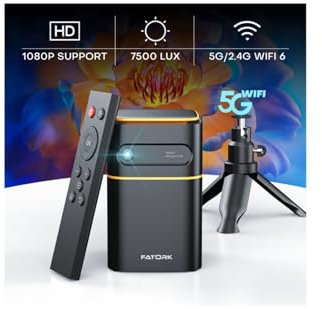 FATORK Mini Projector with 5G WiFi,1080P HD Small Projector Short Throw with Tripod, Outdoor Projector for Phone, Rechargeable Portable Projector, Compatible with iOS/Android/TV Stick/HDMI/USB 2.0