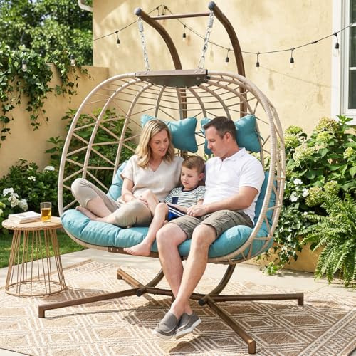 BULEXYARD 2 Person Hanging Egg Chair with Stand, Extra Large 700 Lbs Wicker Patio Hammock Loveseat Swing, Oversized Cushioned Double Swing Chair for Indoor Outdoor Garden Balcony Backyard, Light Blue