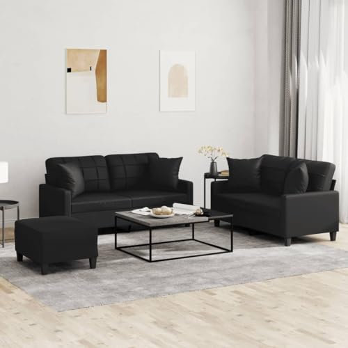 Camerina 3-TLG. Sofagarnitur mit Kissen Schwarz Kunstleder 3 Sitzer Sofa Mit Schlaffunktion