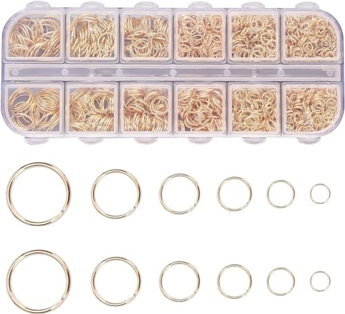 MOLENCO 1200 Stück Biegeringe Gold 4/5/6/7/8/10 mm, Metall Kettenringe | Offene Biegeringe Spaltringe, Sprungringe Set, Glänzende Oberfläche, für Schmuckherstellung DIY Halskette Armband Reparatur