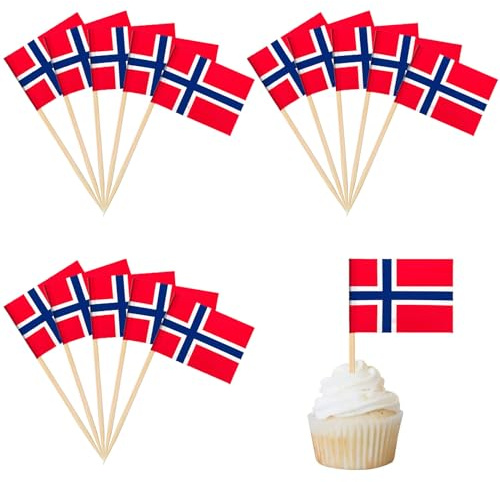 Norge flagga tandpetare cocktaildekorationer för landsfest 100 stycken norsk flagga cupcake-toppare för land sport party leverans