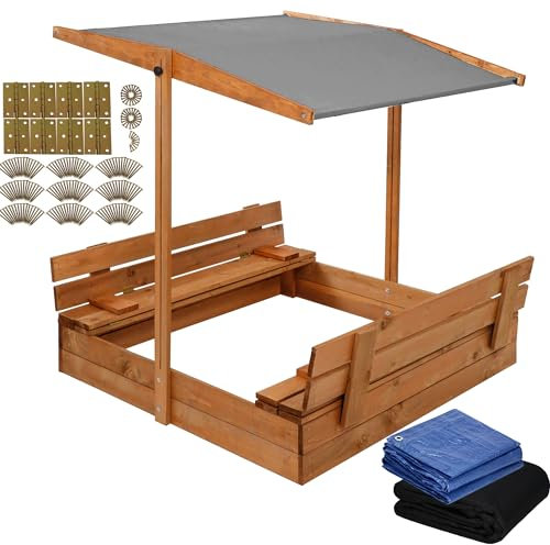 SPRINGOS Sandkasten aus Holz Schwenkbares & höhenverstellbares Dach Sandkiste mit Plane Holzsandkasten Sitzbänke Sandkasten Outdoor 120 x 120 x 120 cm