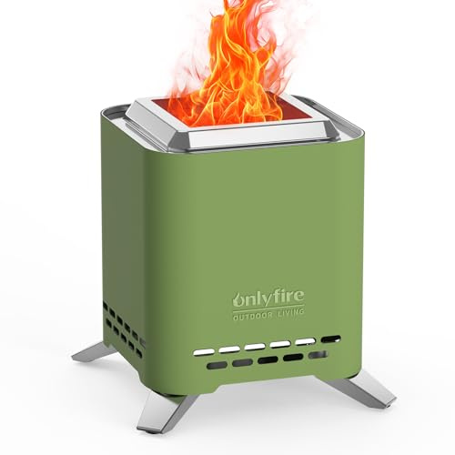 Onlyfire 16,5 cm Quadrato Braciere Senza Fumo da Tavolo, Focolare Portatile con Staffa per Vaso e Borsa da Trasporto, Bruciatura a Legna e a Pellet, per Campeggio all'aperto Patio, Acciaio Inox, Verde
