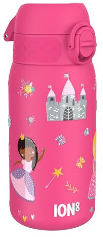 Ion8 Vacuum Insulated Steel Water Bottle, 320 ml/11 oz, Leak Proof, Easy to Open, Secure Lock, Dishwasher Safe, Carry Handle, Metal Water Bottle, ThermoShield Stainless Steel, Pink, Princess