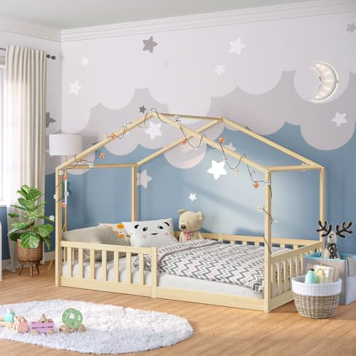 Bellabino Bia Kinderbett 120x200 cm, Bodenbett, Natur, mit Rausfallschutz | Montessori Hausbett aus Massivholz Kiefer, mit Lattenrost, für Jungen & Mädchen, Holzbett, Kinderzimmermöbel, Bettgestell
