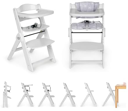 Ms BabyWorld Seggiolone PIEGHEVOLE Full per bambini in legno, completamente pieghevole, evolutivo, seggiolone, ergonomico, regolabile, sicuro, (Bianco/Grigio)