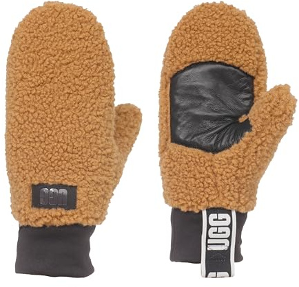 UGG Women's UGGFluff Logo Tape Mittens - Soft Polyester Body, Leather Palm Patch
