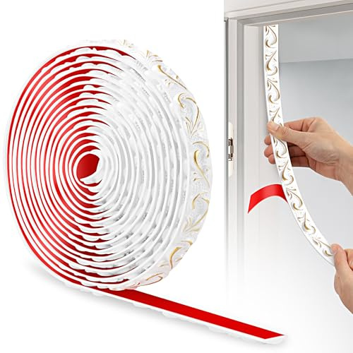 JUNART Bande Décorative en PVC, 600cm×2cm, Bordure de Papier Peint 3D, Frise Murale Adhesive, Convient our les Linteaux, les Plinthes, les Armoires, les Revêtements Muraux(Or Blanc)