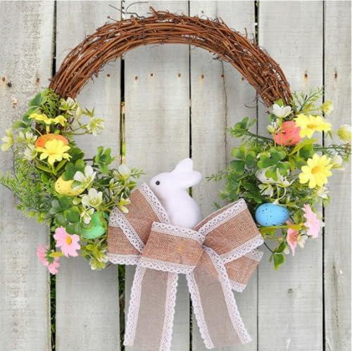 36 cm Osterkranz mit Eiern Kaninchen und Blümchen Kranz, KünstlicheTürkranz, Osterdekoration Wandkranz Kranz aus Weide Osterdeko zum aufhängen Frühlingsdeko Frühling Ostern-Kranz (Brown)