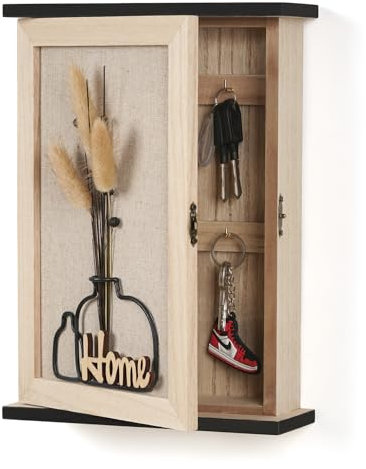 WPAJIRZO Armoire à clés décorative avec 6 crochets, montage mural, motif de maison avec fleurs séchées dans un vase abstrait, aspect bois, noir/beige