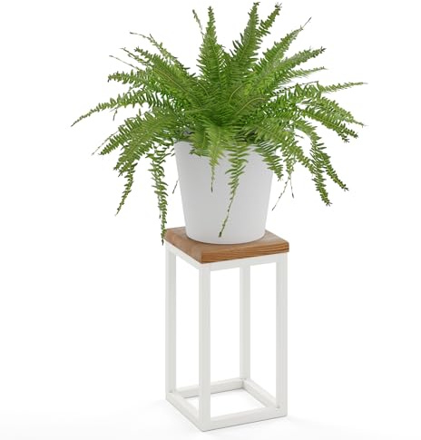 LAMO Manufaktur Blumenständer Weiss Metall | Pflanzenständer Holz mit Dunkel Farbe | Blumenhocker klein 30 cm für große Zimmerpflanzen | 100% Echtholz | Sockel für Skulpturen