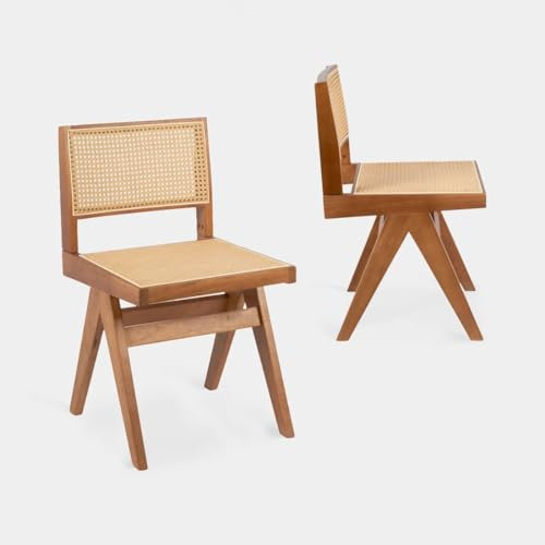 KLAST Lot de 2 Chaises de Salle à Manger Nelha en Bois d'Hévéa Couleur Noyer avec des Détails en Rotin, Design Moderne et Sophistiqué, 80 Cm x 44 Cm, Idéales pour Un Style Classique et Intemporel