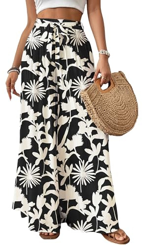 Bsubseach Wide Leg Pants Woman Flowy Floral Palazzo Pants for Women High Waisted Summer Casual Trousers Cruise Outfits Black Printed XL