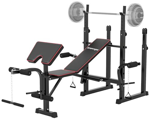 SPORTNOW Weight Bench with Bench Press Rack, Preacher Curl Bench, Leg Curl Machine, Incline or Flat Workout Bench for Home Gym Strength Training Weight Lifting