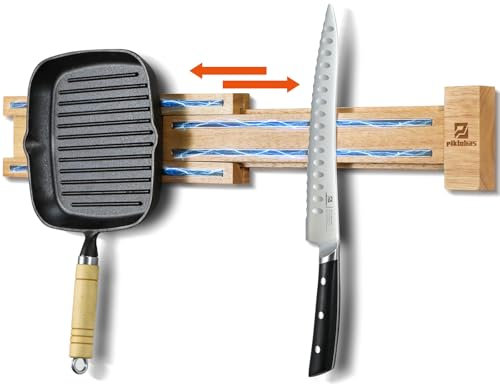 Piklohas Extendable Magnetic Knife Holder for Wall, 40-80 cm, Wood Magnetic Strips with Extra-Strong Magnet - Knife Rack for Knives, Utensils and Tools, Housewarming, Party, Gift Box