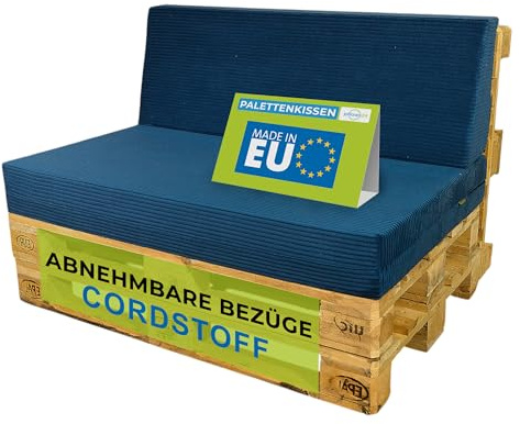 Pillows24 Palettenkissen 2er Set aus Cord, Abnehmbarer Bezug | Sitzkissen & Rückenkissen für Europaletten 120x80, Weiche Palettenauflage für Haus, Garten, Balkon, Made in EU, Blau