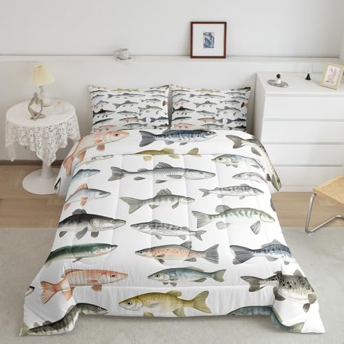 Loussiesd Edredón de plumón de lubina tamaño King para niños y niñas, juego de ropa de cama con temática de pesca y caza, patrón de peces Samll, edredón acolchado para pesca de lucio grande, señuelos